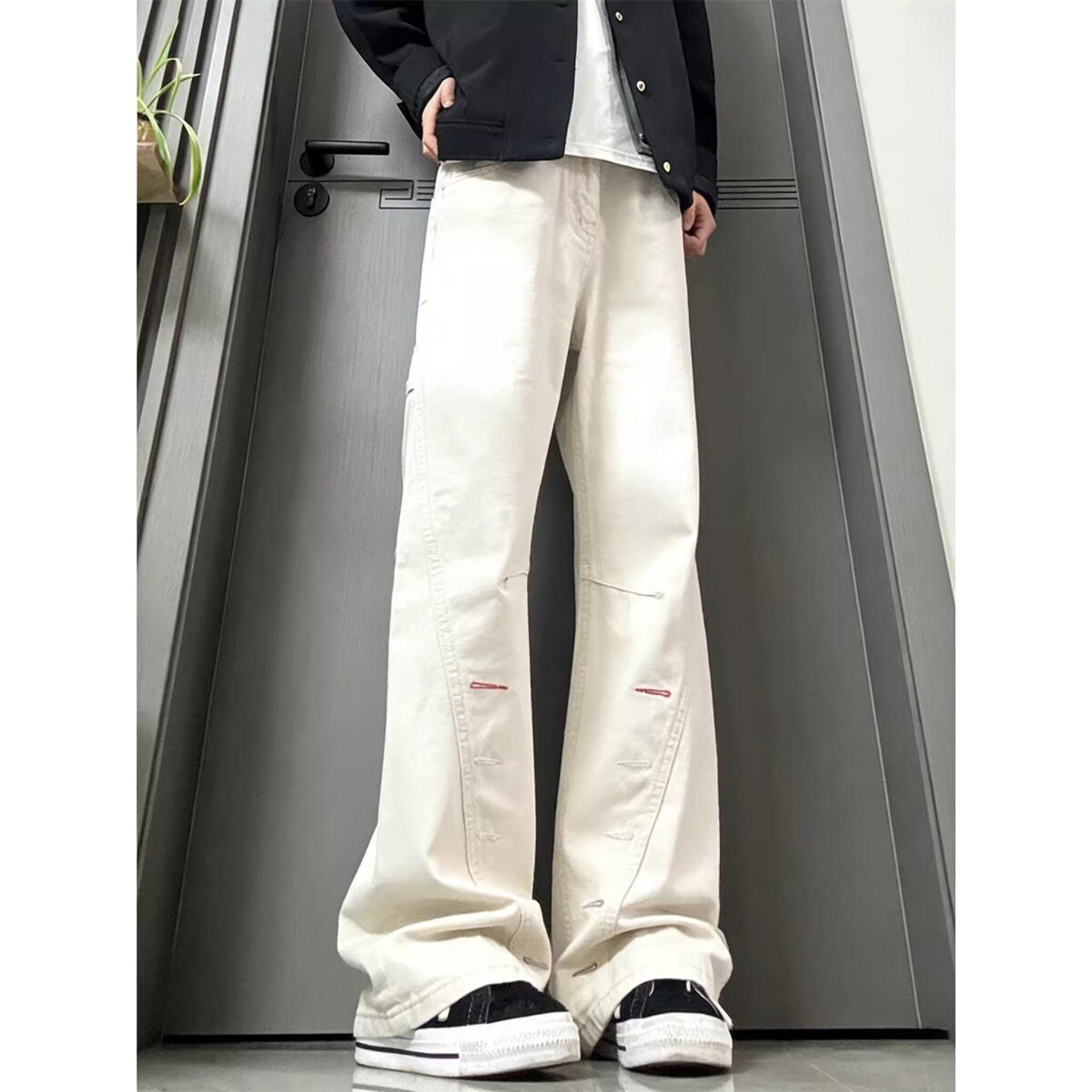 白色微喇牛仔裤男cleanfit美式高街加长宽松直筒喇叭显瘦裤子秋季