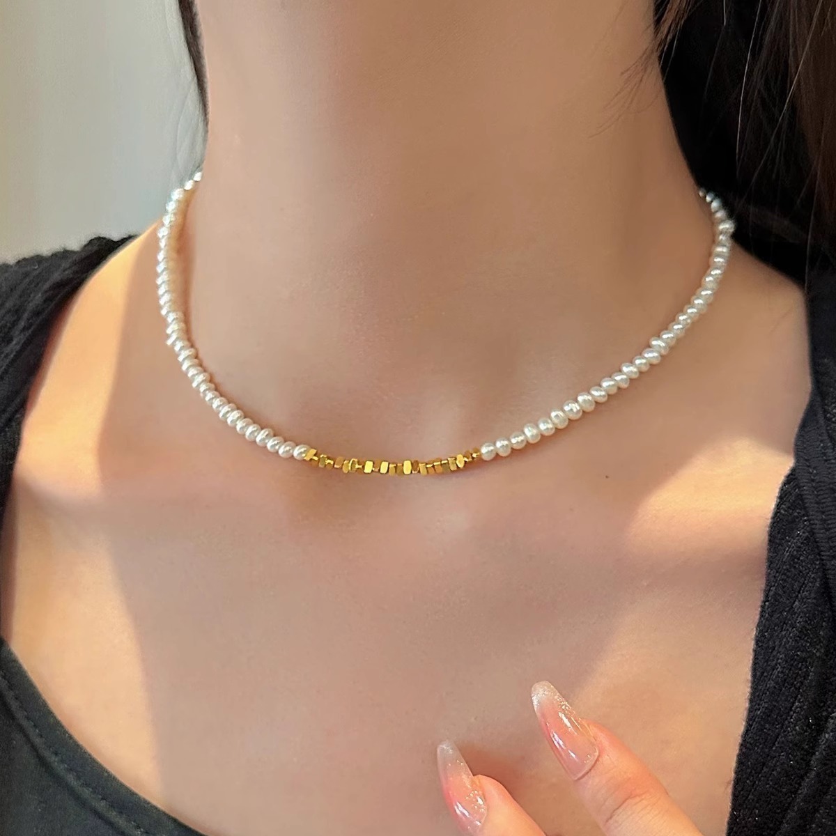 光泽感淡水小珍珠碎金子锁骨项链