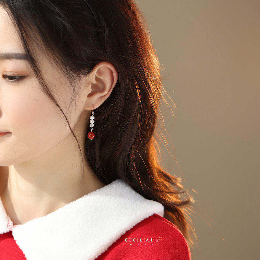 赛赛莉安和田玉天然珍珠耳环玛瑙14K包金耳钩修饰脸型小众设计女