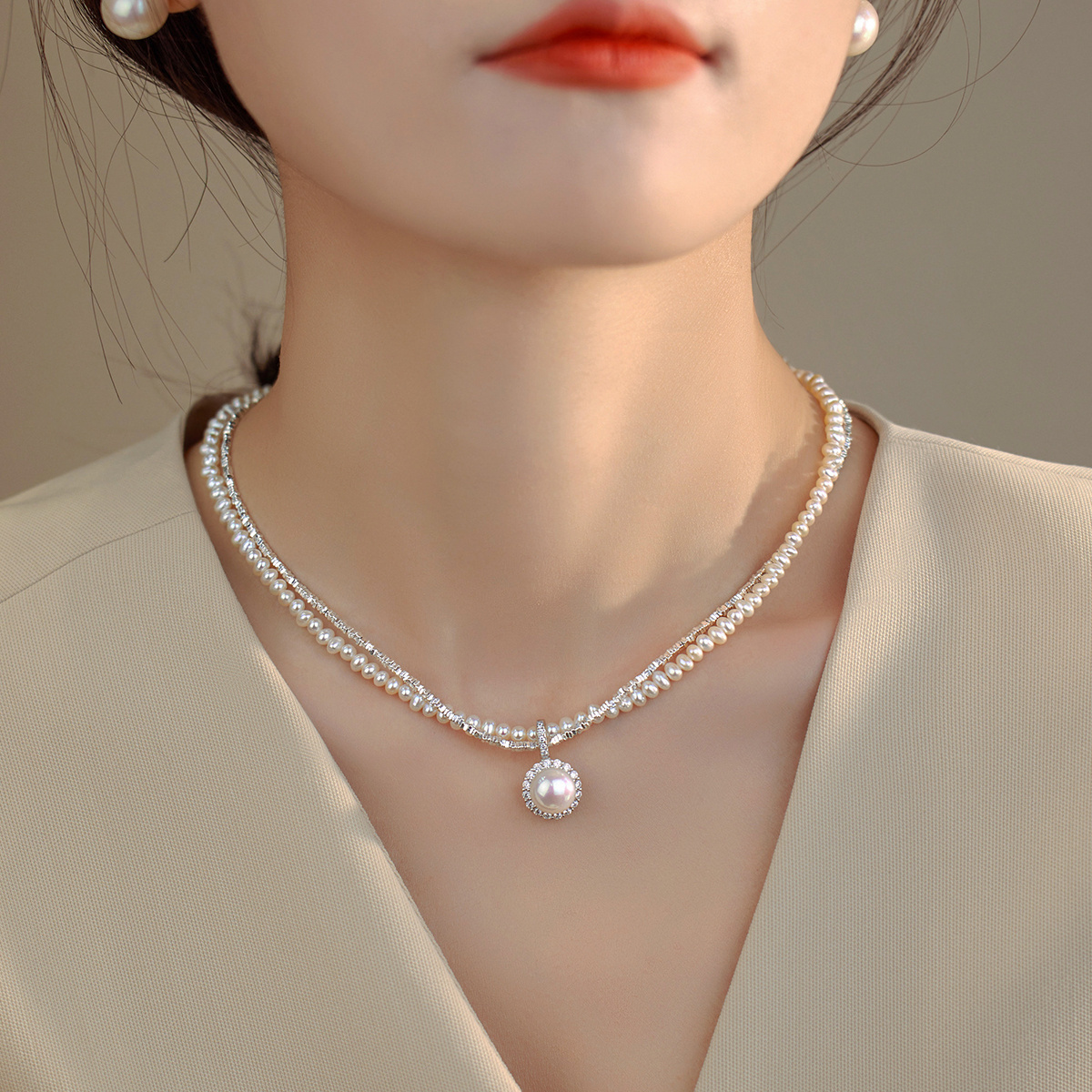 赛赛莉安冷淡风碎银子双层珍珠项链简约气质百搭轻奢S925纯银叠戴