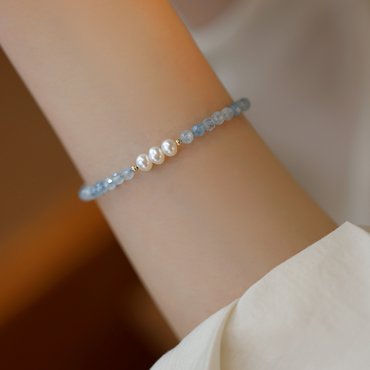 海蓝宝小众淡水珍珠手链生日礼物