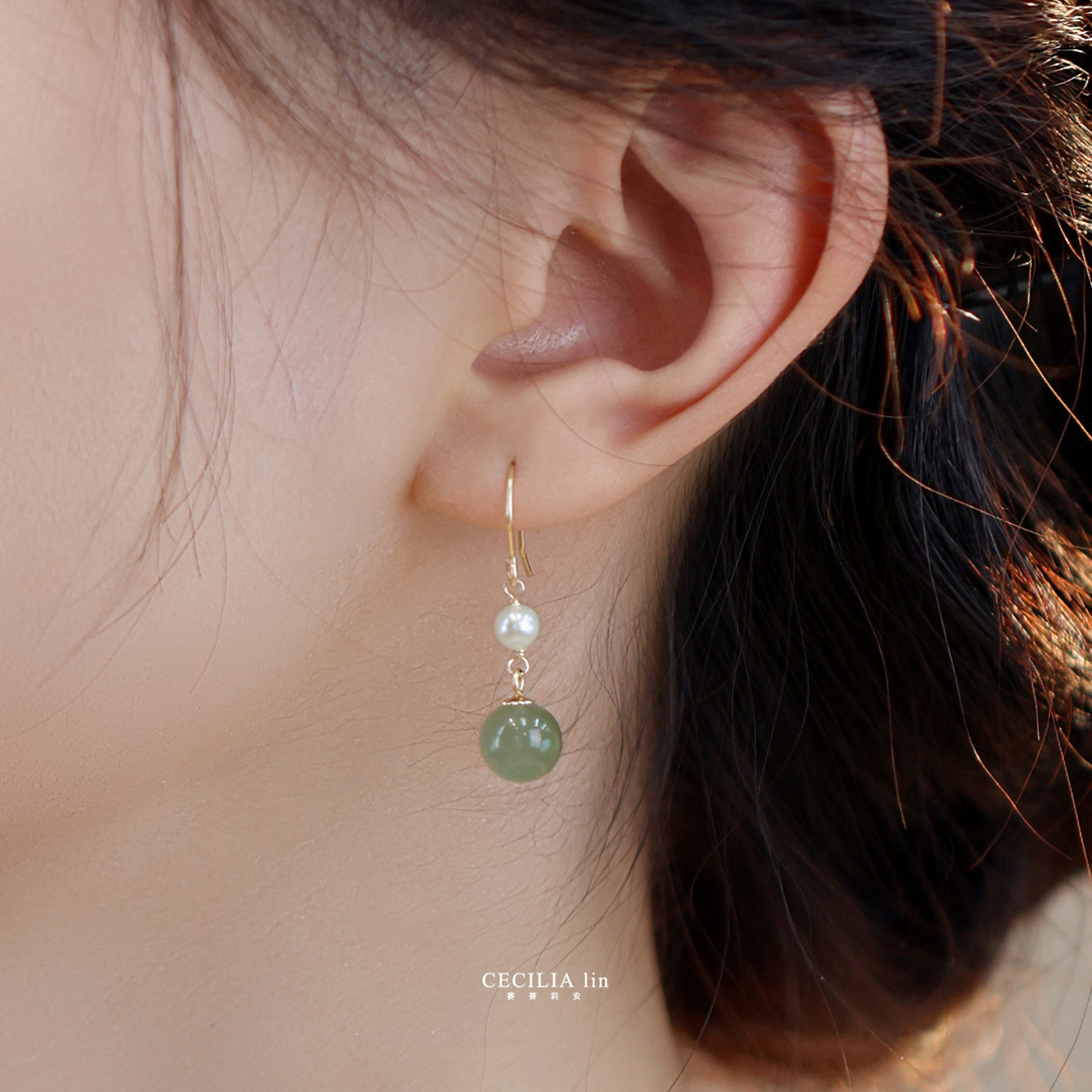 温柔气质和田玉珍珠耳环