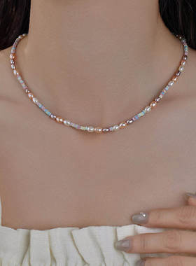 赛赛莉安天然淡水珍珠彩色石14K包金多巴胺锁骨项链简约气质百搭