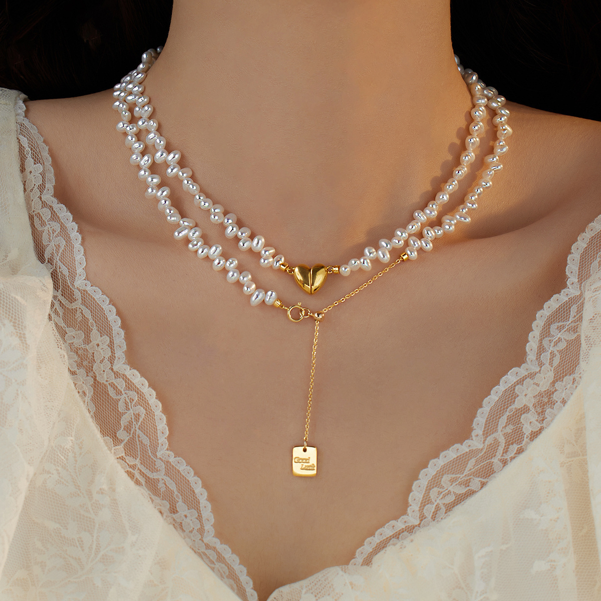 幸运爱心屁桃巴洛克珍珠毛衣链