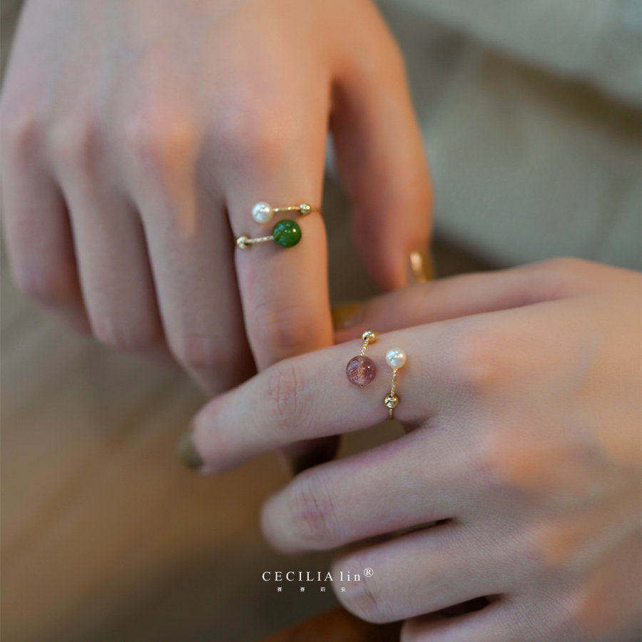 赛赛莉安和田玉碧玉草莓晶天然淡水珍珠14K包金开口可调节戒指