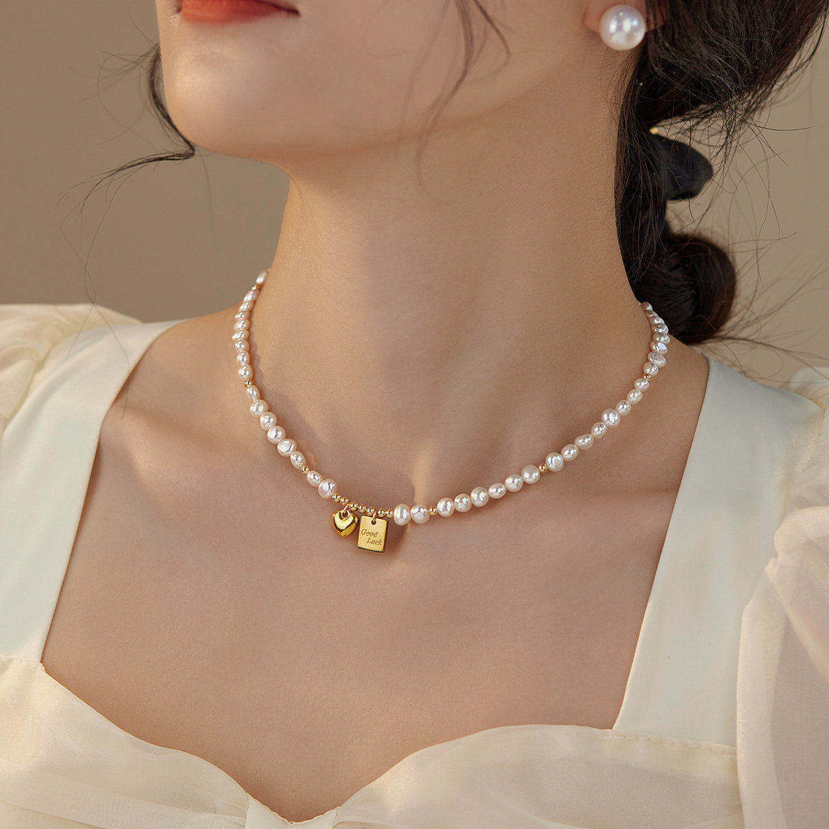 赛赛莉安Goodluck幸运许愿牌爱心巴洛克淡水珍珠项链小众设计礼物