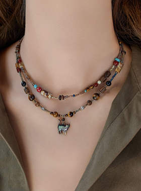 赛赛莉安设计美拉德秋冬棕色项链虎眼石猫咪沉香玛瑙黄水晶复古女