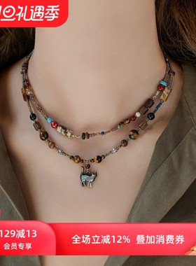 赛赛莉安设计美拉德秋冬棕色项链虎眼石猫咪沉香玛瑙黄水晶复古女