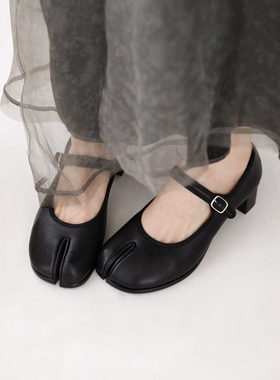 InkingPot彭姐 一字带玛丽珍复古分趾单鞋真皮圆头方跟舒适猪蹄鞋