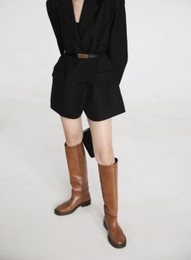 InkingPot彭姐 棕色复古牛皮高筒靴2025年骑士靴粗跟直筒靴女时髦