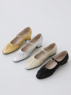 InkingPot彭姐柔软舒适小羊皮INS风手工捏褶中跟玛丽珍平跟芭蕾鞋