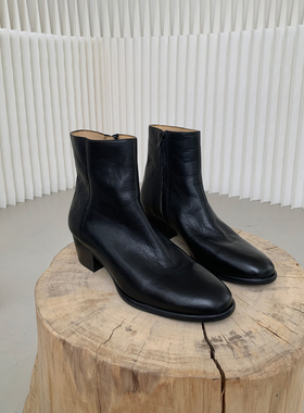 InkingPot彭姐 圆头粗跟侧拉链切尔西短靴女胎水牛皮做旧手工靴子