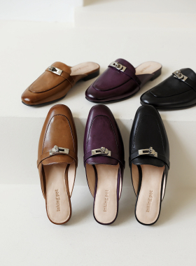 InkingPot彭姐 升级马皮版GD锁扣真皮包头舒服穆勒拖鞋女平跟圆头