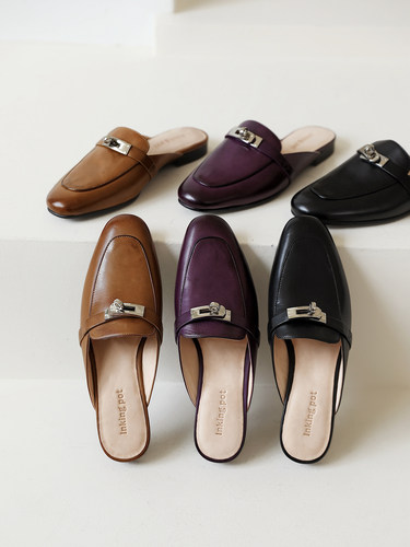 InkingPot彭姐 升级马皮版GD锁扣真皮包头舒服穆勒拖鞋女平跟圆头