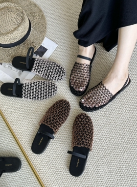 InkingPot彭姐夏季镂空网面row家小众一字带平底包头拖鞋女凉拖鞋