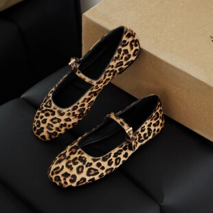 女真皮圆头平底芭蕾单鞋 复古豹纹一字带玛丽珍鞋 InkingPot彭姐