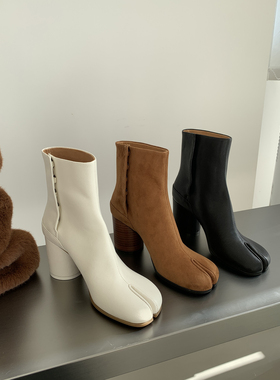 InkingPot彭姐 真皮分趾猪蹄短靴女一脚蹬高跟复古切尔西靴子常青