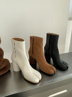 真皮分趾猪蹄短靴女一脚蹬高跟复古切尔西靴子常青 InkingPot彭姐