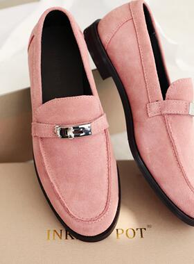 InkingPot彭姐 复古圆头真皮平底舒适乐福鞋女单鞋绒面小皮鞋秋季