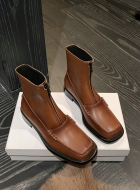 InkingPot彭姐 马丁靴方头前拉链切尔西短靴擦色牛皮中跟短筒秋冬