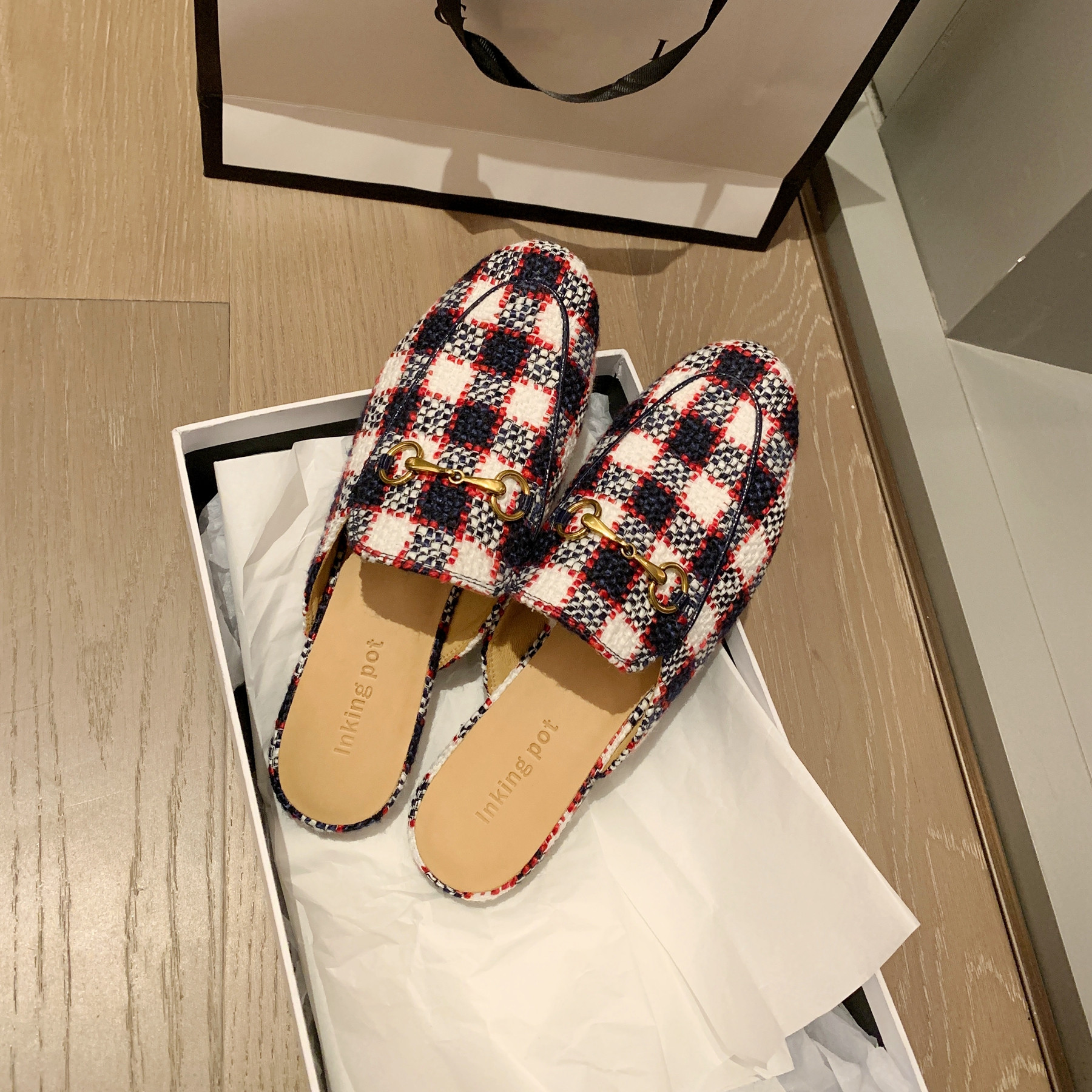 Inking Pot彭姐 经典马衔扣单鞋真皮一脚蹬羊毛格纹网红拖鞋平跟,女鞋,浅口单鞋,淘宝优惠券,粉丝福利购,淘宝优惠卷