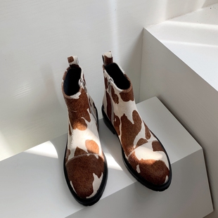 InkingPot彭姐马毛骑士靴ANN圆头侧拉链真皮马丁靴短靴女2025新品