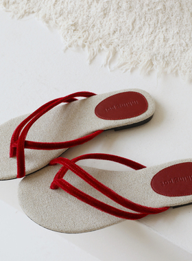 InkingPot彭姐 夏季真皮丝绒红色圆头人字拖松弛条带夹趾凉拖鞋女