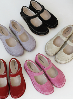 InkingPot彭姐 复古圆头魔术贴玛丽珍鞋女牛皮浅口勃肯鞋休闲单鞋