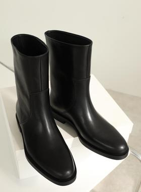 InkingPot彭姐 尖头极简奶牛皮平底中筒靴秋冬一脚蹬马丁靴短靴女