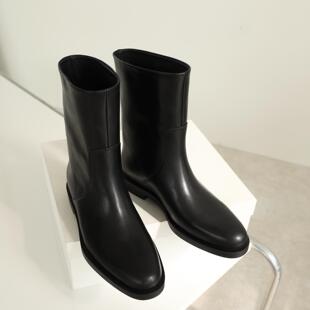 尖头极简奶牛皮平底中筒靴秋冬一脚蹬马丁靴短靴女 InkingPot彭姐