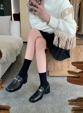 InkingPot彭姐 粗跟经典马衔扣方头单鞋牛皮通勤皮鞋黑色乐福鞋女