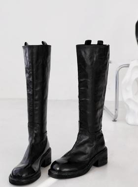 InkingPot彭姐 加宽版奢选水洗马皮拉链简约骑士靴女圆头粗跟长靴