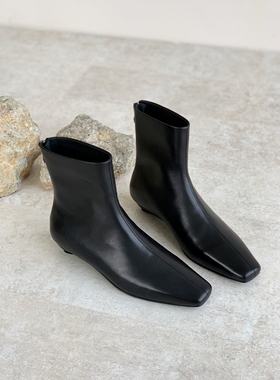 InkingPot彭姐 极简老钱风法式方头短靴真皮踝靴后拉链低跟瘦瘦靴
