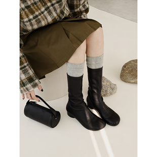 InkingPot彭姐 真皮植鞣羊皮弹力靴复古小众圆头粗跟女中筒瘦瘦靴