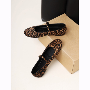 InkingPot彭姐 复古豹纹一字带玛丽珍鞋女真皮圆头平底单鞋女鞋