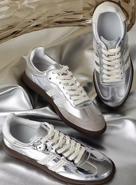 InkingPot彭姐 舒适复古德训鞋女银色板鞋真皮平底运动休闲鞋新款