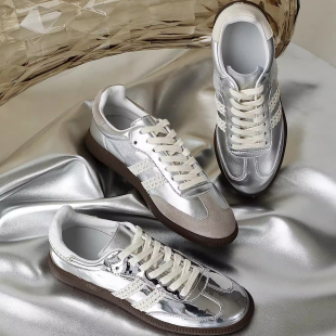 真皮平底运动休闲鞋 InkingPot彭姐 舒适复古德训鞋 女银色板鞋 新款