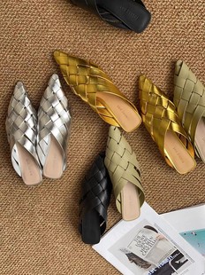 进口羊皮编织带包头拖鞋 平底凉拖 尖头设计感穆勒鞋 InkingPot彭姐