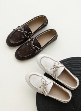 InkingPot彭姐 复古擦色真皮平底乐福鞋女蝴蝶结系带小皮鞋单鞋