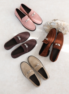 InkingPot彭姐 复古圆头真皮平底舒适乐福鞋女单鞋绒面小皮鞋秋季