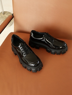 InkingPot彭姐 女小皮鞋 系带圆头单鞋 升级轻底真皮粗跟厚底乐福鞋