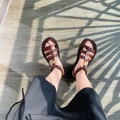 松糕增高厚底真皮露趾凉鞋 InkingPot彭姐 凯旋门复古棕色罗马鞋 夏