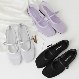 InkingPot彭姐 法式网纱芭蕾单鞋女渔网斜方头平底一字带玛丽珍鞋