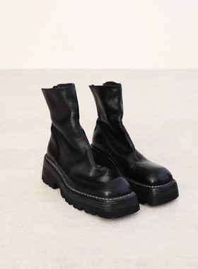 InkingPot彭姐 水洗马皮短靴厚底方头切尔西靴手工鞋粗跟马丁靴女