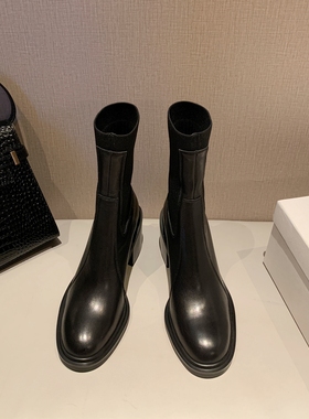 InkingPot彭姐 弹力针织靴套脚短筒高跟平跟圆头牛皮拼接短靴冬季