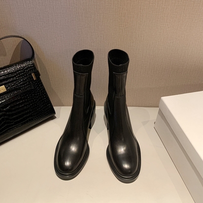 InkingPot彭姐 弹力针织靴套脚短筒高跟平跟圆头牛皮拼接短靴冬季