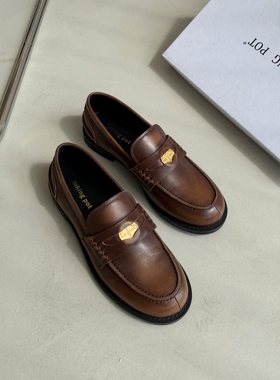 InkingPot彭姐 英伦风复古擦色小金币装饰扣乐福鞋女圆头平底皮鞋