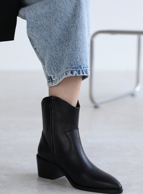 InkingPot彭姐 英伦风V口尖头西部牛仔靴真皮粗跟切尔西短靴踝靴