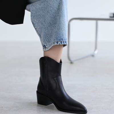 InkingPot彭姐 英伦风V口尖头西部牛仔靴真皮粗跟切尔西短靴踝靴