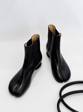 InkingPot彭姐 水洗植鞣羊皮分趾猪蹄短靴女瘦瘦靴中跟切尔西靴子